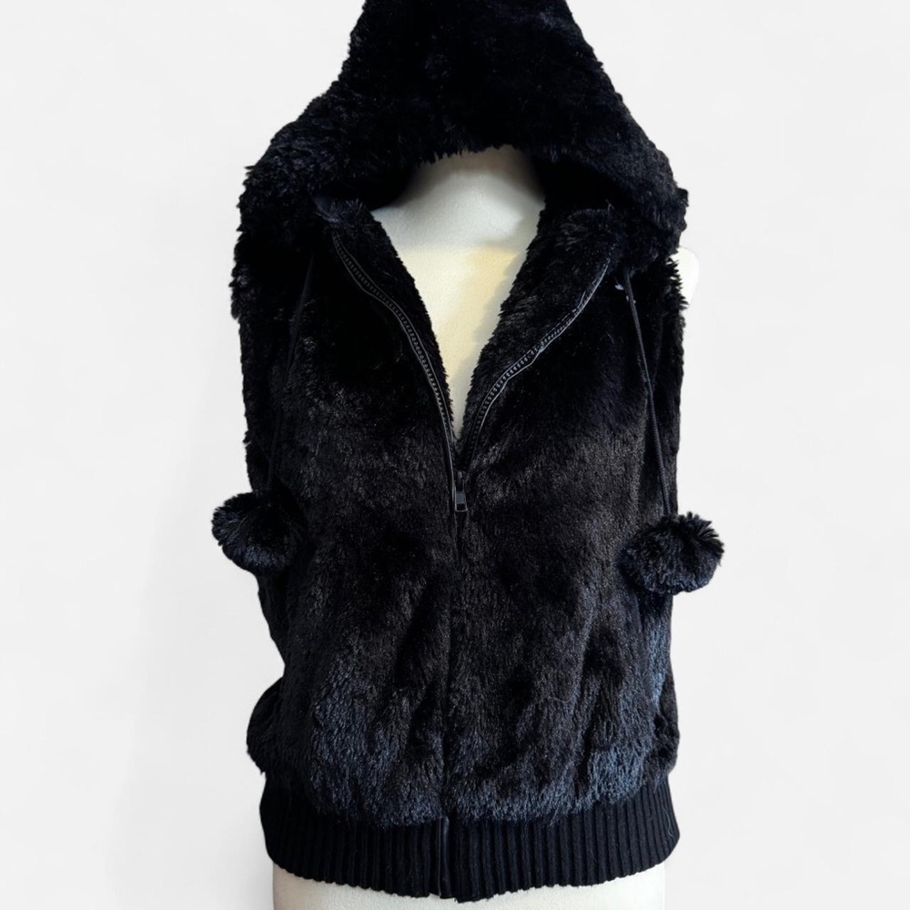 American Apparel Black Faux Fur Hooded Vest with Pom-Poms